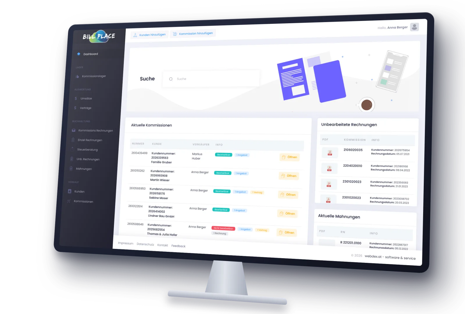 Das BillPlace-Dashboard mit aktuellen Kommissionen, unbearbeiteten Rechnungen und Mahnungen (anonymisierte Daten)