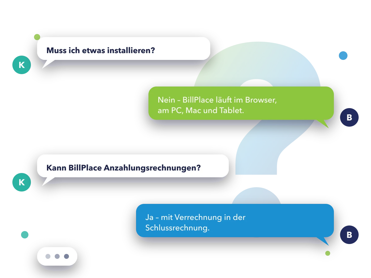 Sprechblasen mit Fragen zu BillPlace und den Antworten darauf
